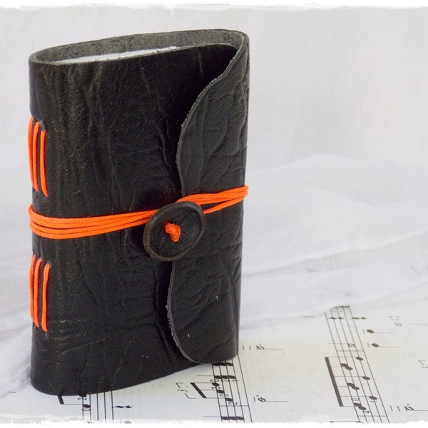Pocket Leather Journal, Black Leather Notebook With Neon Details, Electro Gothic Mini Journal, Leather Diary, Hand-Bound Notebook Diary
