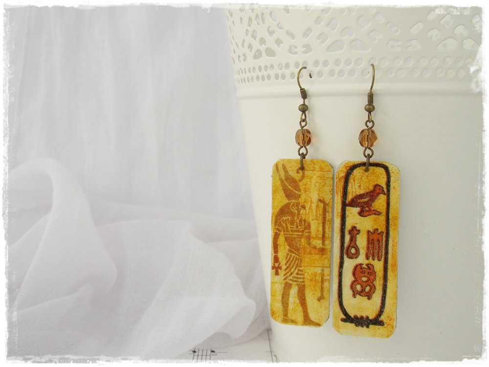 Alte Ägypten Ohrringe Pharao Ohrringe Gold Decoupage Ohrringe Boho Leder - Bild 2 von 8