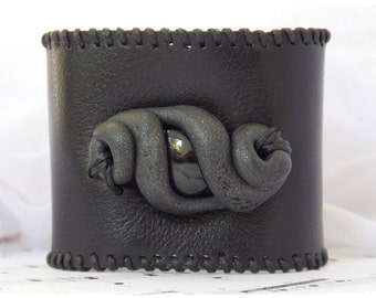 Wide Black Cuff Bracelet, Corset Leather Cuff Bracelet, Gothic Black Leather Wristband, Vampire Leather Cuff, Polymer Clay Art Braclet Cuff