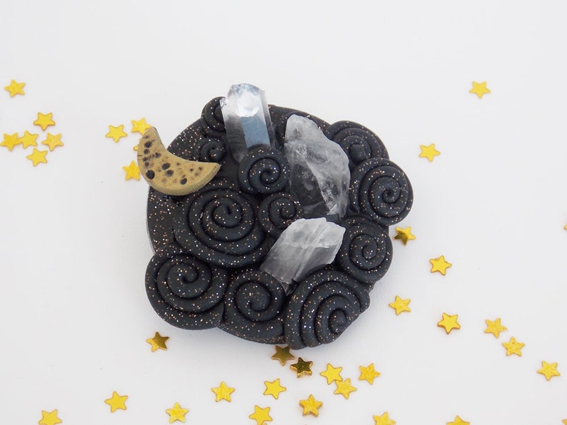 RAw Quartz Brooch Crescent Moon Polymer Clay Brooch Quartz Crystal Brooch Pin Polymer Clay Shawl Pin Protection Crystal Brooch