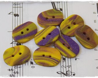 Multicolor Polymer Clay Buttons, Oblong Large Buttons, Purple & Yellow Buttons, Oval Handmade Buttons, Knitting Supplies, Stripped Buttons