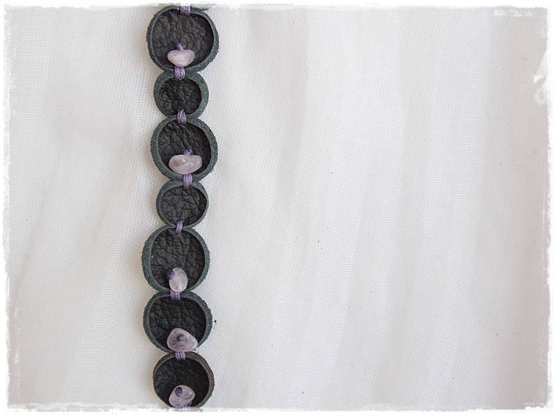 Bracciale In Pelle Bolla Bracciale Ametista Gotico Bracciale In Pelle Riciclata - Foto 8 di 17