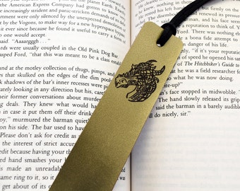 PERSONALIZED Fantasy Bookmark, Gold Dragon Bookmark, Norse Leather Bookmark, Medieval Bookmark, 3rd Anniversary Bookmark