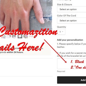 May include: A customizable bracelet with a black cord and the option to add a personalized message. The text "Enter Customization Details Here!" is written in red on the image. The text "1. Black" and "2. "One day at a time" are visible in a text box.