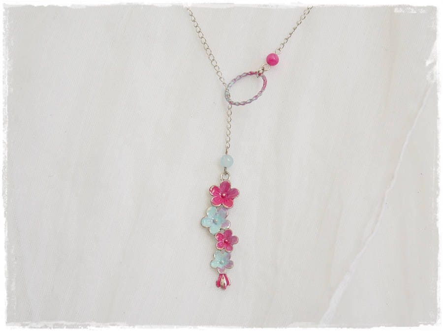 Floral Lariat Necklace Fuchsia Pink Flower Lariat Seafoam Blue Lariat Gemstone - Bild 5 von 10
