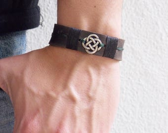 Men&#39;s Celtic Bracelet, Irish Leather Bracelet, Men&#39;s Leather Bracelet, Celtic Jewelry For Him, Dara Knot Bracelet, Celtic Knot Bracelet Cuff