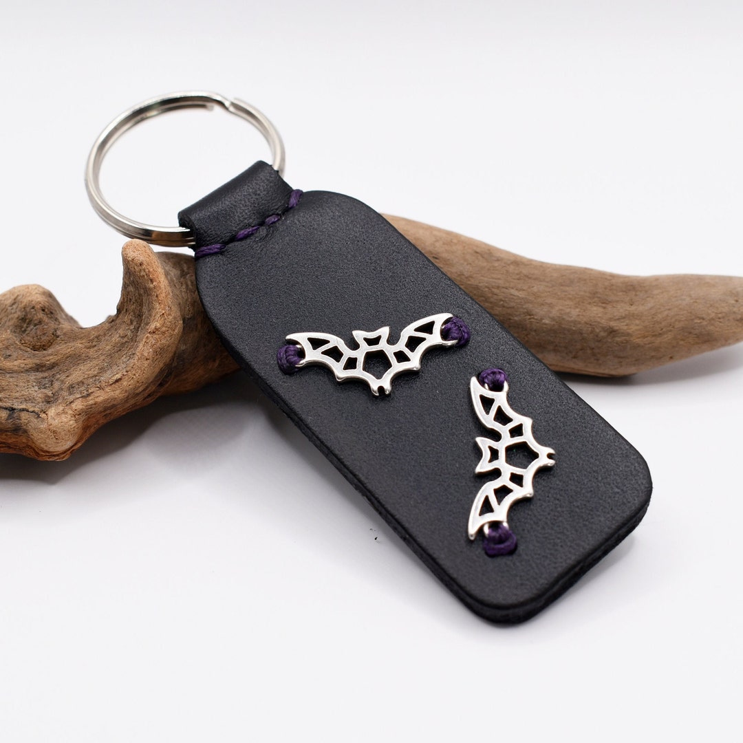 PERSONALIZED Leather Bat Keychain – Engraved Spooky Halloween Keyring ...