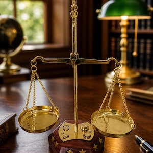 May include: A brass balance scale with two circular pans hanging from chains. The scale sits on a dark wooden base with star inlays. A pen and a globe are visible in the background, suggesting a legal or academic setting.