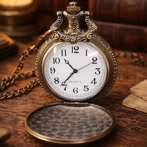 May include: An open antique pocket watch with a white face, black hands, and Roman numerals. The watch is gold-colored with intricate detailing and a chain. The watch reads "QUARTZ" and is set against a wooden surface.