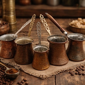 Vintage Copper Turkish Coffee Pot Set – 5 Pcs Rustic Cezve Kitchen Decor