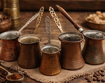 Vintage Copper Turkish Coffee Pot Set – 5 Pcs Rustic Cezve Kitchen Decor