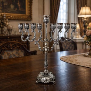 Puede incluir: Una menorá plateada con nueve candelabros. La base y los brazos tienen detalles decorativos ornamentados. La menorá está colocada sobre una mesa de madera oscura en una habitación bien iluminada. El fondo incluye una pintura y una lámpara.