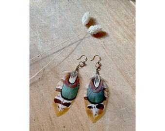 Feather earrings with 3 layers of iridescent green and natural colored pheasant feathers. Well crafted, quality, unique gift for her.