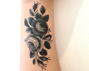 Vintage roses temporary tattoo in black, floral tattoos, rose, tats, vintage, tattoo test, gift, party favors, girls, women, teens, party