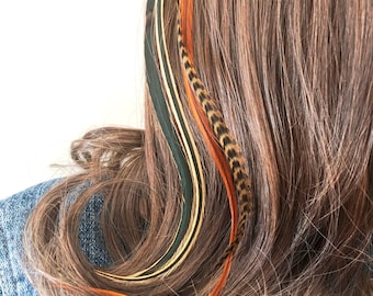 Feather hair extension clip in earth colors, khaki green, rust, dark brown, cream, forest green . Feather hair clip, boho hair feathers