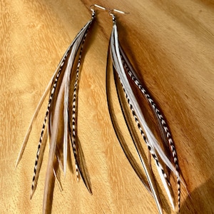 Handmade Wispy Feather Earrings: Cream, White, Black Stripes