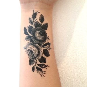 Vintage roses temporary tattoo in black, floral tattoos, rose, tats, vintage, tattoo test, gift, party favors, girls, women, teens, party image 1