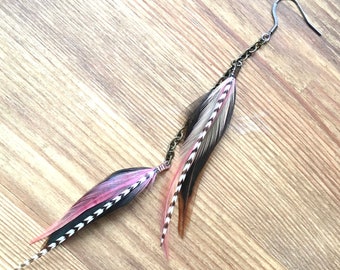 May include: A pair of long feather earrings with a pink, black, and white feather on one side and a brown, white, and black feather on the other side. The earrings are attached to a silver chain.
