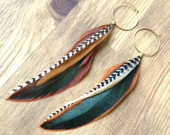 Feather earrings in natural warm colours, rooster, boho, feathers on hoops, hypoallergenic, white black stripes, statement, handmade, light