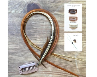 May include: DIY feather hair extension kit with brown, beige, and white feathers, a brown clip, and a green thread with beads. Choose the color for your hair clip: Black/Dark Brown, Light Brown/Blonde, or Natural.