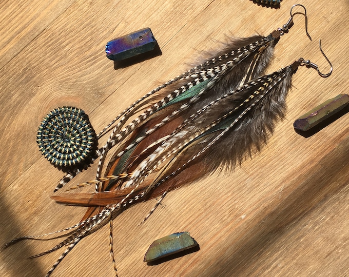 Boho Feather Earrings: Long Rooster Feather, Hypoallergenic Steel