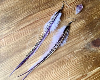 Feather earrings, pretty pastel mauve & violet colours, rooster, boho, feathers, grizzly, long, dangly, statement, handmade, ooak light airy