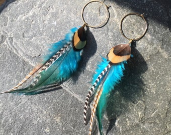 May include: A pair of gold hoop earrings with blue, brown, and white feathers hanging from them.