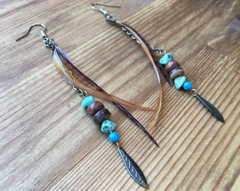 Feather, stone, wood & chain drop earrings in natural and turquoise colours, boho, earth, long, dangly, handmade, oak unique, summer, gift