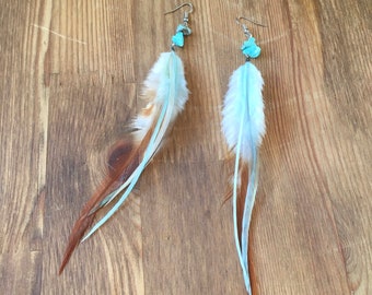 Feather earrings in light turquoise, white and amber with turquoise stones. Boho unique handmade handcrafted accessories