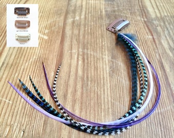 Feather hair extension clip in blue, turquoise, purple, lilac and striped feathers. Premium quality real natural feathers. Unique, handmade