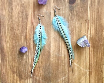 Feather earrings in aqua mint + black striped + feathers. Long, dangly, statement, handmade and unique earrings.