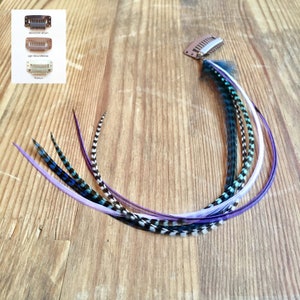 Peut inclure: Un ensemble de longues plumes colorées avec un clip pour les attacher aux cheveux. Les plumes sont violettes, blanches, bleu sarcelle et noires.