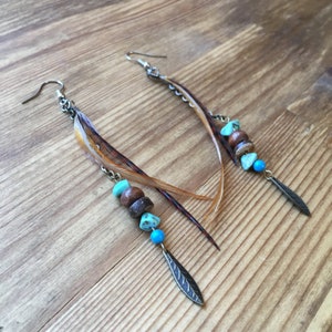 Feather, stone, wood & chain drop earrings in natural and turquoise colours, boho, earth, long, dangly, handmade, oak unique, summer, gift