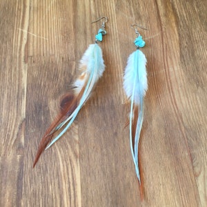 Handmade Feather Earrings: Turquoise Stone Chips, Hypoallergenic Hooks