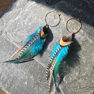 Feather earrings in turquoise and natural warm colours, rooster, boho, feathers on hoops, hypoallergenic, canada handmade statement