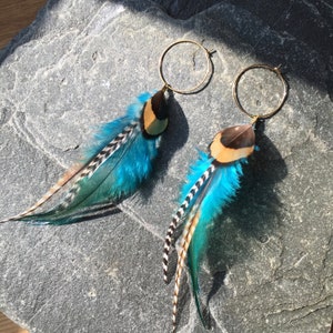 Feather earrings in turquoise and natural warm colours, rooster, boho, feathers on hoops, hypoallergenic, canada handmade statement