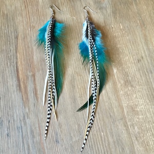 Feather earrings in teal & natural colors, boho, turquoise, white black stripes, long, dangly, statement, hair, handmade, ooak light, summer