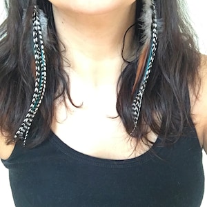Peut inclure: Longues boucles d'oreilles en plumes avec un mélange de couleurs, dont noir, blanc, turquoise et marron. Les boucles d'oreilles sont suspendues à un fil noir. La personne porte un débardeur noir.
