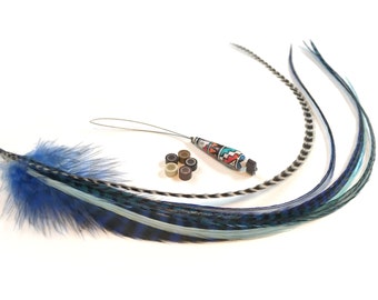 Feather hair extension kit: 5 natural bonded fluffy and wide rooster feathers with 5 hair crimps and hair threader. Natural and blue colors.