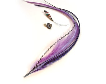 May include: A set of purple and black feather hair extensions with a beaded connector and small metal rings.