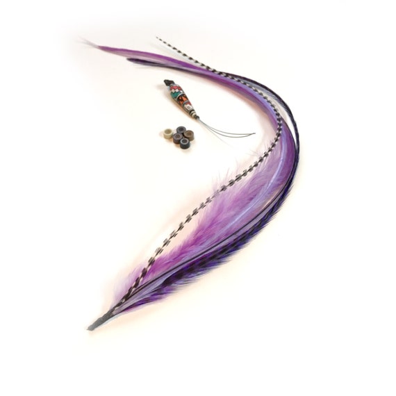 Feather Hair Extension Kit: 5 Natural Bonded Wide and Thin Rooster Feathers  3 Hair Crimps Hair Threader. Natural and Purple Tones. Diy 