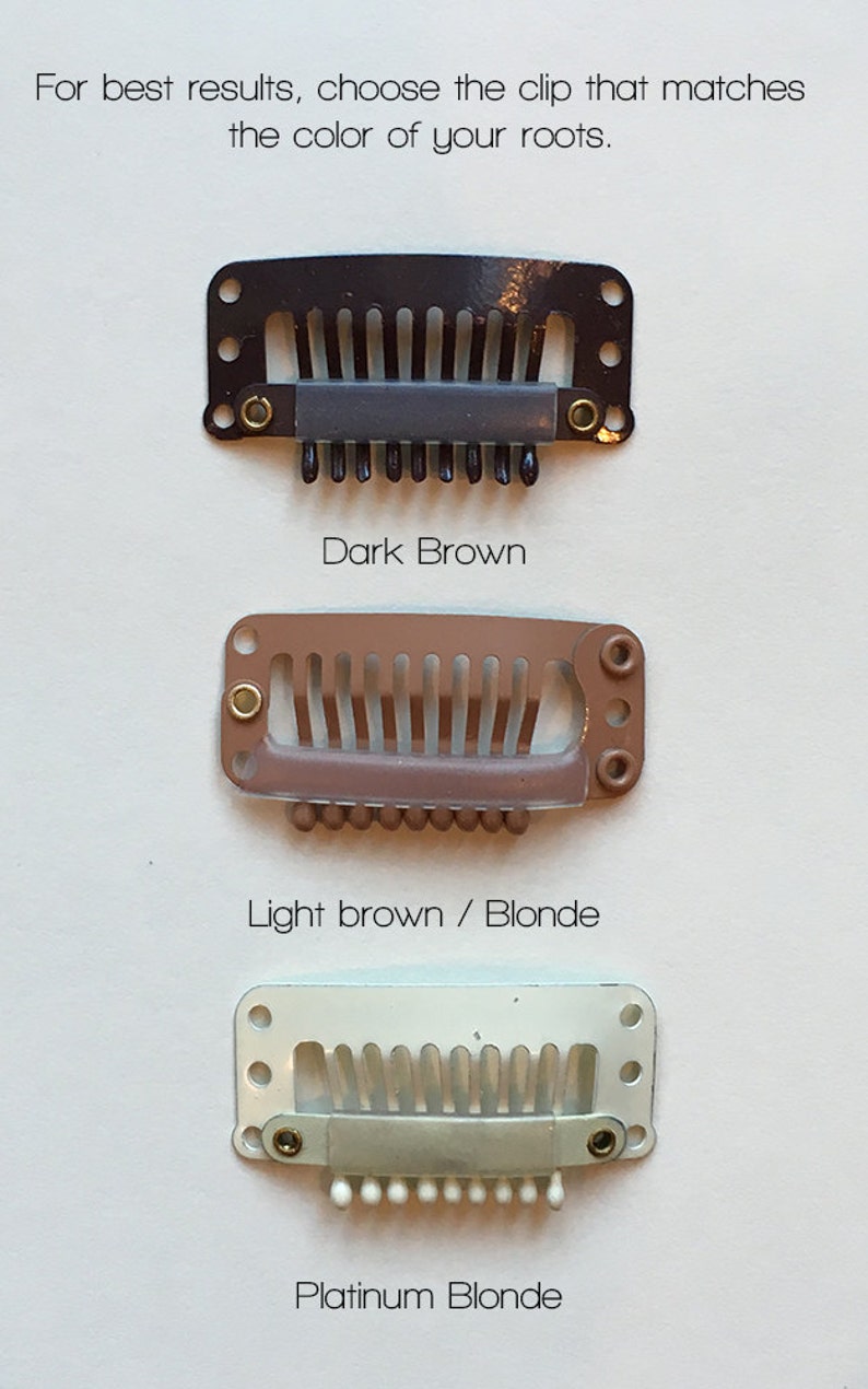 May include: Three hair clips in different colors: dark brown, light brown/blonde, and platinum blonde. The clips are designed to match the color of your hair roots.