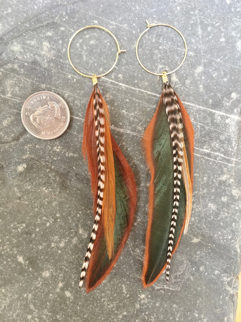 Feather earrings in natural warm colours, rooster, boho, feathers on hoops, hypoallergenic, white black stripes, statement, handmade, light image 7