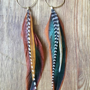 Feather earrings in natural warm colours, rooster, boho, feathers on hoops, hypoallergenic, white black stripes, statement, handmade, light image 3