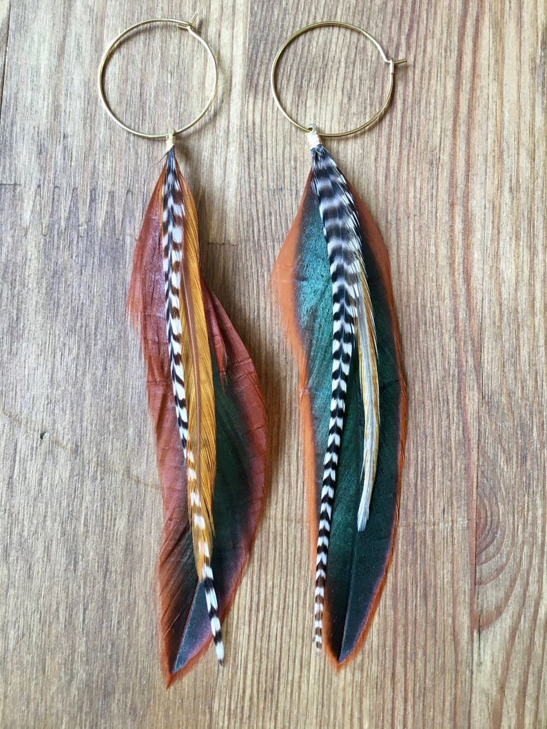 Feather earrings in natural warm colours, rooster, boho, feathers on hoops, hypoallergenic, white black stripes, statement, handmade, light image 3