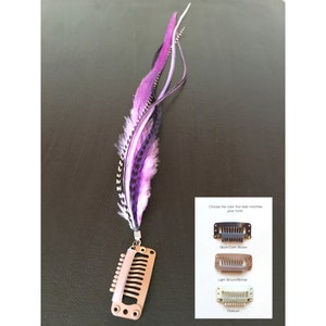 Feather hair extension clip in purple tones and grizzly, feathers, extensions, festival hair, lilac, kit, piece, weft, accessories, colour image 2