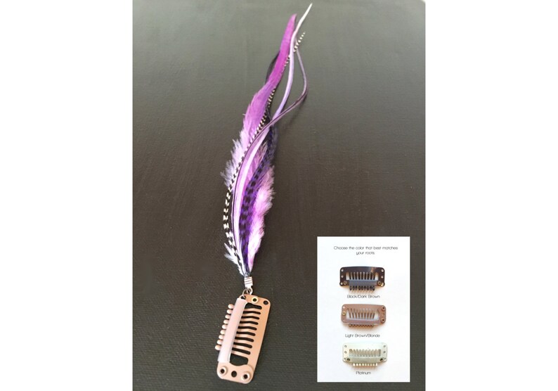 Feather hair extension clip in purple tones and grizzly, feathers, extensions, festival hair, lilac, kit, piece, weft, accessories, colour image 2