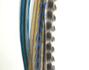 May include: A set of four feather hair extensions in shades of blue, brown, and black. The feathers are arranged in a vertical line and are ready to be added to hair.