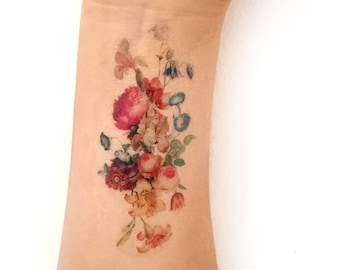 Vintage floral temporary tattoo. Fresh bouquet of flowers tattoo. Women, fashion, romantic, spring, flowers, vintage, tattoo, temporary, ink