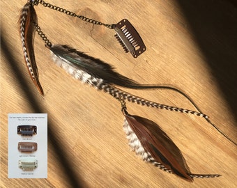 May include: A brown and white feather hair extension with a metal chain and a clip. The clip is brown and has a metal clasp. The extension is about 18 inches long. For best results, choose the clip that matches the color of your hair. Dark brown, light brown/blonde, platinum blonde.